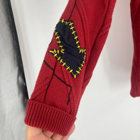 Embroidered Cable Knit Red Patchwork Chunky Cardigan 90s Sporty Grandpa Large - Picture 8 of 15